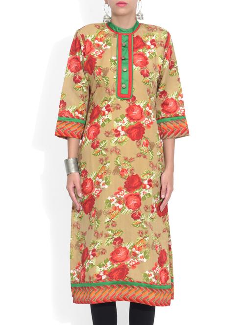 beige silk blend butti printed three quarter sleeves kurta - 9580484 - Very Small Image - 1
