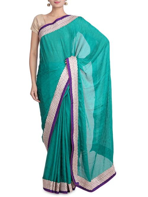 green georgette saree with gotta patti border - 9582330 - Very Small Image - 1