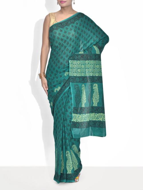 teal block printed cotton saree - 9583156 - Very Small Image - 1