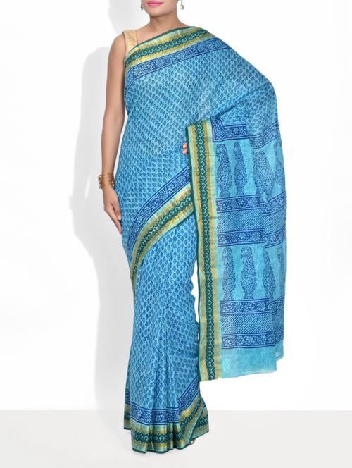 blue block printed cotton saree - 9583160 - Very Small Image - 1