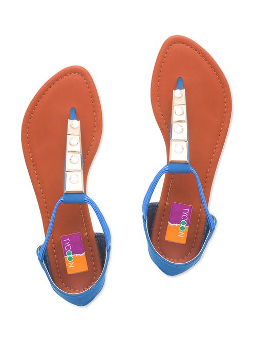 cobalt blue embellished faux leather T-strap sandals - 9584954 - Very Small Image - 1