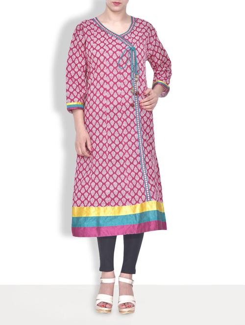 Red Cotton Printed Angrakha Kurta - 9585221 - Very Small Image - 1