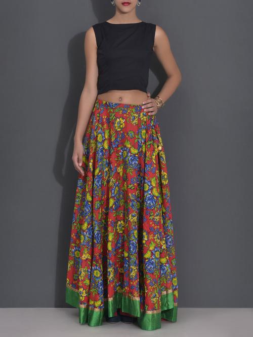 red and black Printed cotton crop top-skirt set - 9585342 - Very Small Image - 1