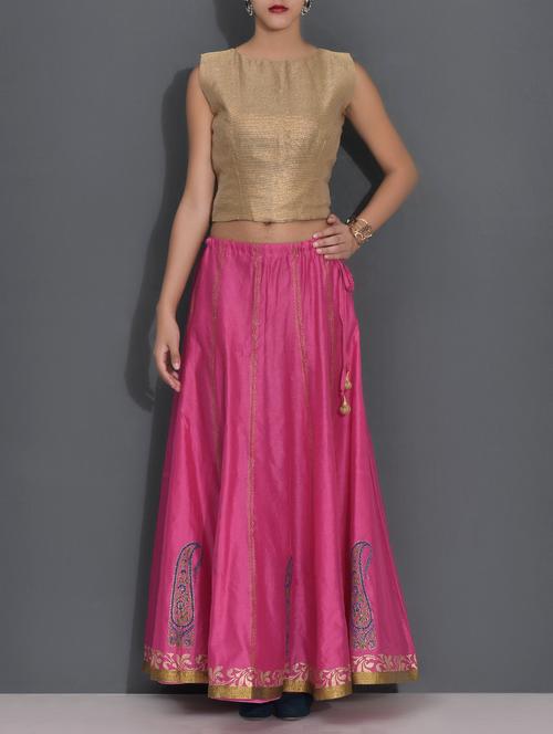 pink and gold semi brocade crop top-skirt set - 9585355 - Very Small Image - 1