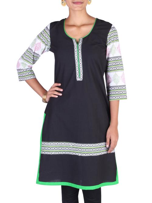 black cotton printed straight kurta - 9585740 - Very Small Image - 1