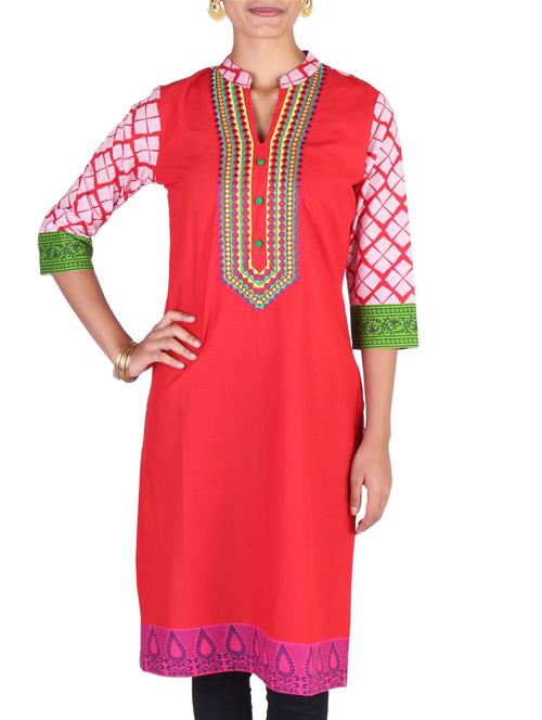 red cotton embroidered straight kurta - 9585764 - Very Small Image - 1