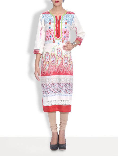 Red Khadi Printed Three Quarter Sleeved Kurta - 9586331 - Very Small Image - 1
