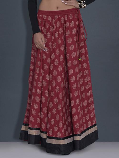 maroon leaf printed cotton long skirt - 9587962 - Very Small Image - 1
