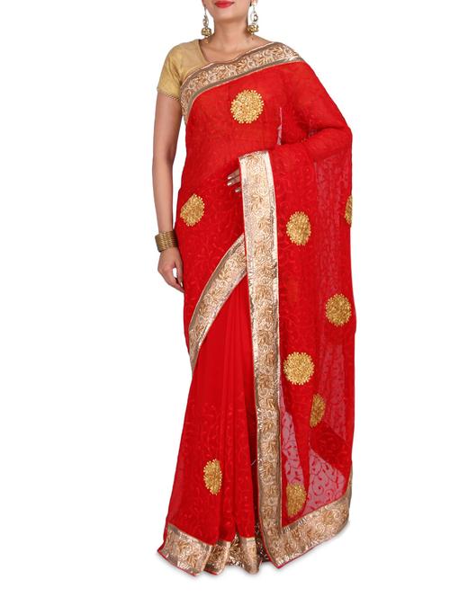 red georgette zari embroidered saree - 9588433 - Very Small Image - 1