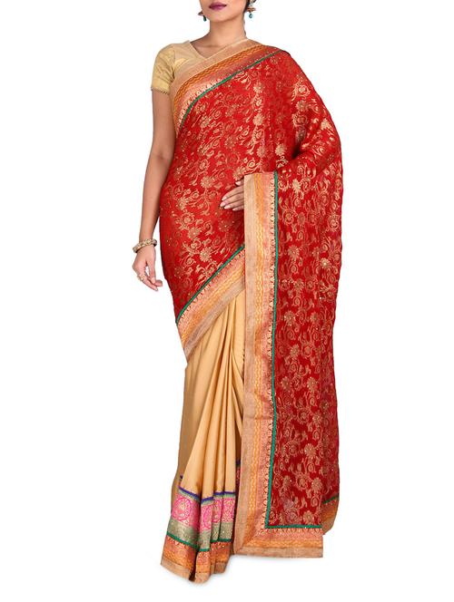 red chanderi and lycra brocade saree - 9588526 - Very Small Image - 1