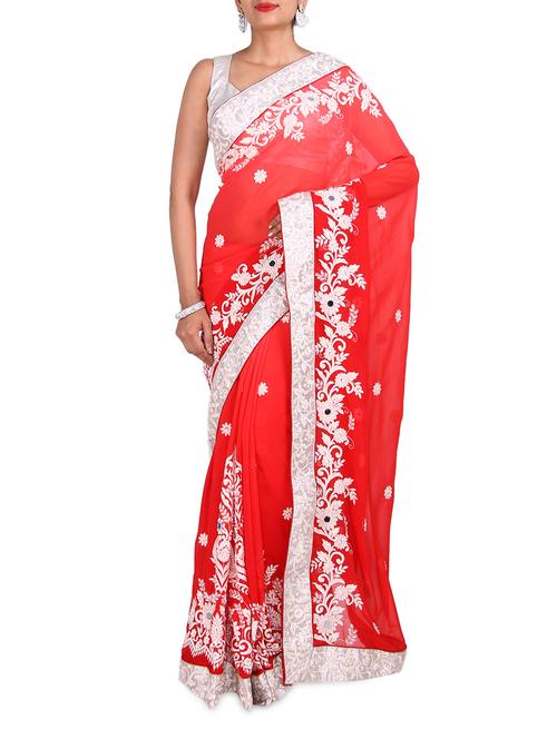 red georgette embroidered saree - 9588561 - Very Small Image - 1