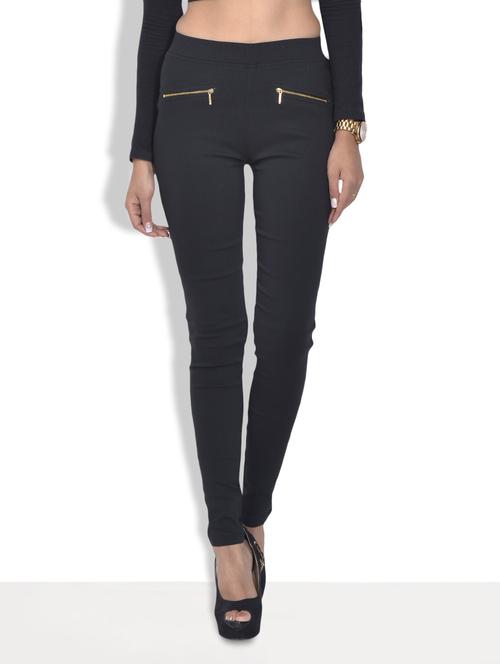 black cotton lycra zipper detailed leggings - 9589840 - Very Small Image - 1