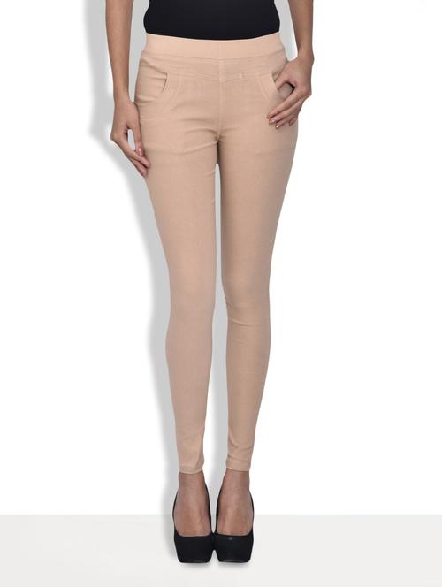 beige cotton lycra leggings with pockets - 9589860 - Very Small Image - 1