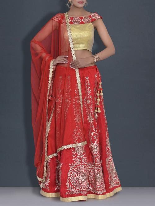 red embroidered khadi silk lehnga set - 9589895 - Very Small Image - 1