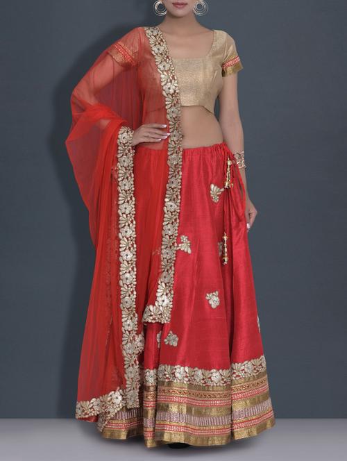 red embroidered dupion silk lehnga set - 9589901 - Very Small Image - 1