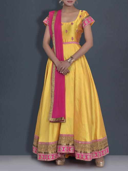 yellow embroidered poly dupion anarkali suit set - 9589987 - Very Small Image - 1