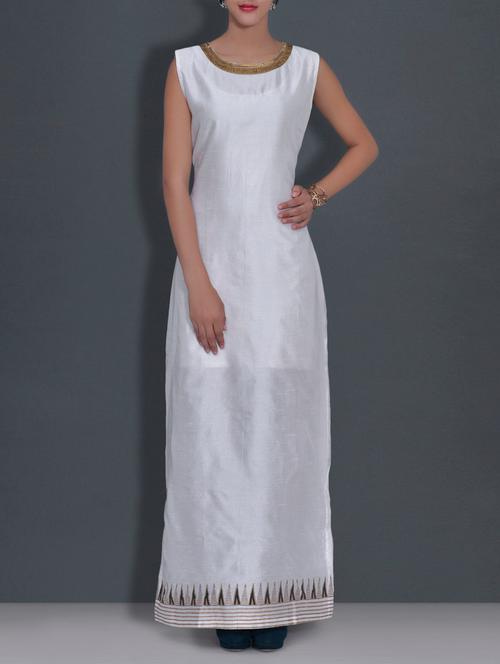 white printed sleeveless poly dupion dress - 9589996 - Very Small Image - 1