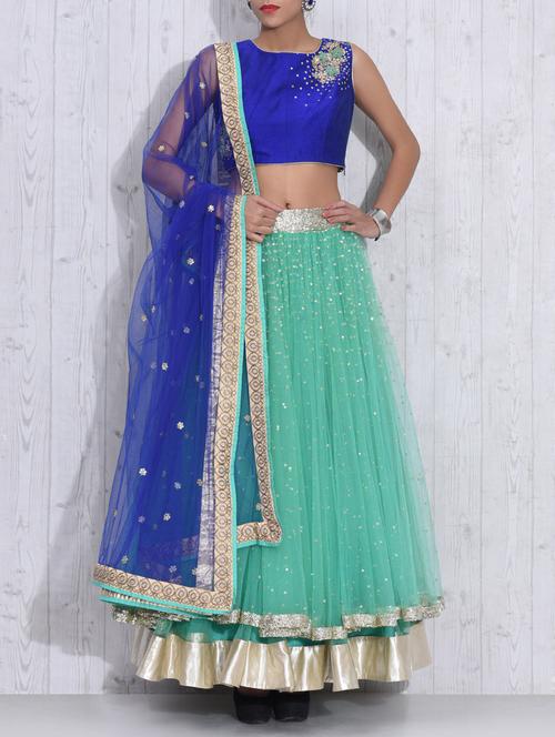 blue and sea green net embroidered lehenga set - 9591039 - Very Small Image - 1