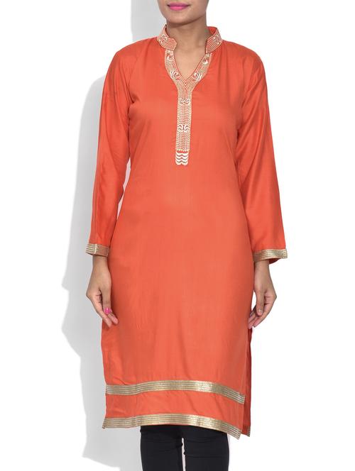 orange embellished rayon kurta - 9591067 - Very Small Image - 1