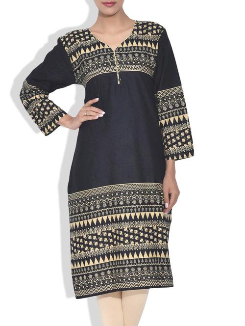 black printed cotton kurta - 9591091 - Very Small Image - 1