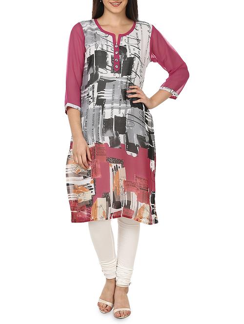 Magenta,White, black and orange printed georgette kurta - 9592410 - Very Small Image - 1