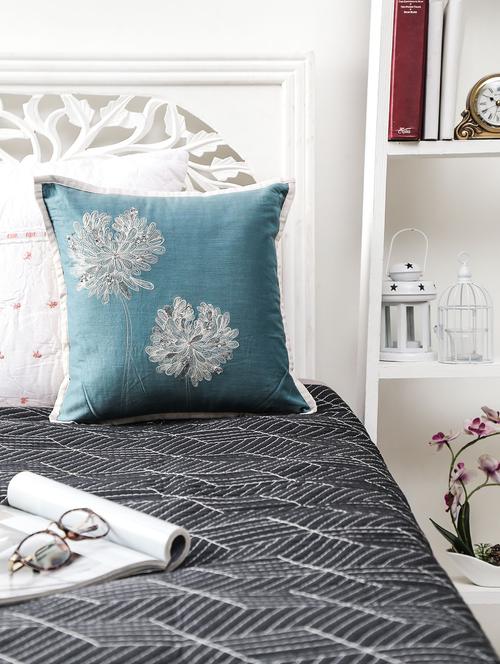 blue floral embroidered faux silk single cushion cover - 9592839 - Very Small Image - 1