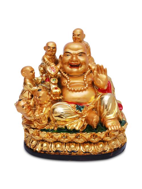 gold laughing buddha with children polyresin statue - 9595034 - Very Small Image - 1