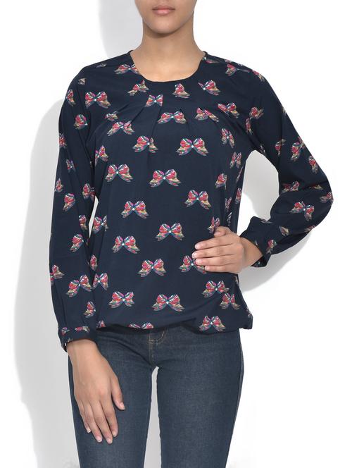 navy blue butterfly printed crepe top - 9595690 - Very Small Image - 1