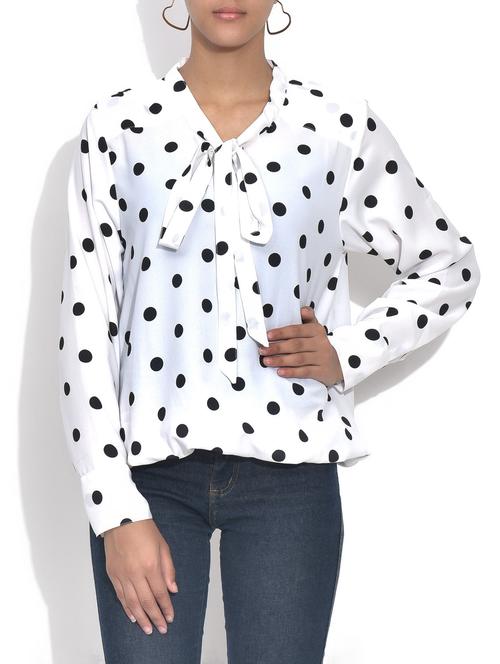 white polka dots crepe top with neck tie - 9595706 - Very Small Image - 1