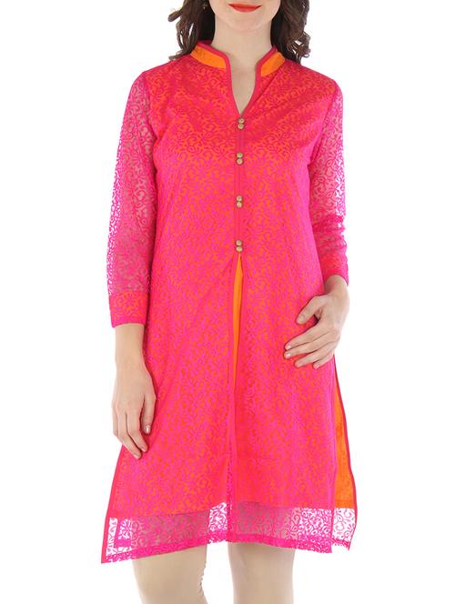 pink and orange cotton net kurta - 9595761 - Very Small Image - 1
