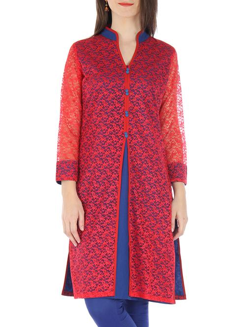 red and blue cotton net kurti - 9595763 - Very Small Image - 1