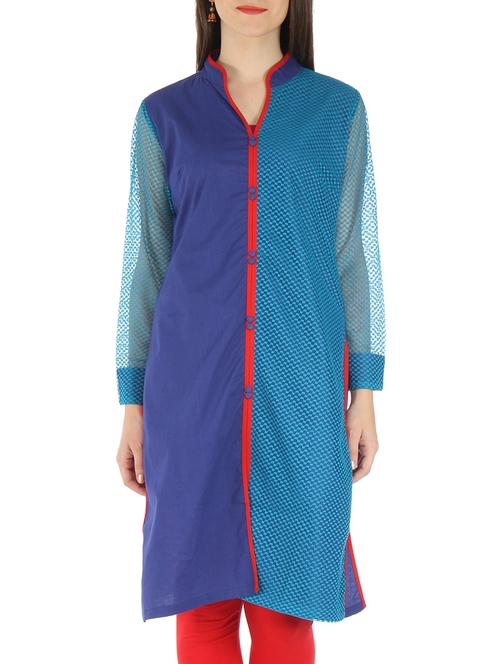 red and blue cotton net kurti - 9595767 - Very Small Image - 1