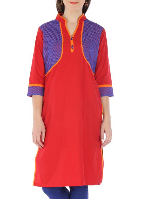 red and blue cotton net kurta - 9595778 - Very Small Image - 1