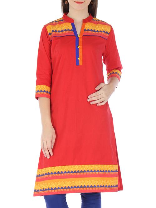 red cotton net printed kurti - 9595780 - Very Small Image - 1