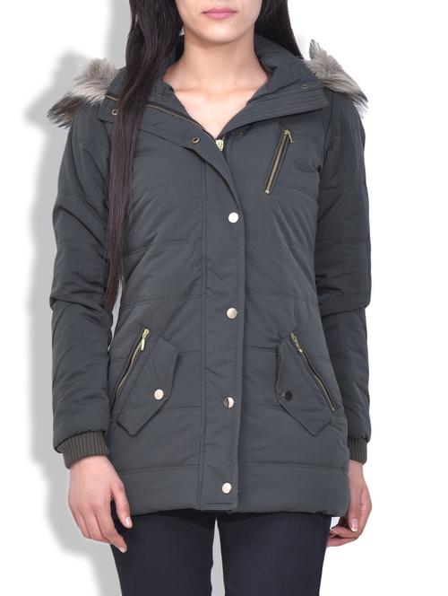 grey fur hooded quilted long jacket - 9597333 - Very Small Image - 1
