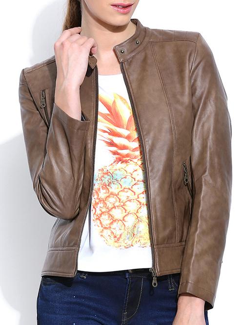 solid brown faux leather jacket - 9597392 - Very Small Image - 1