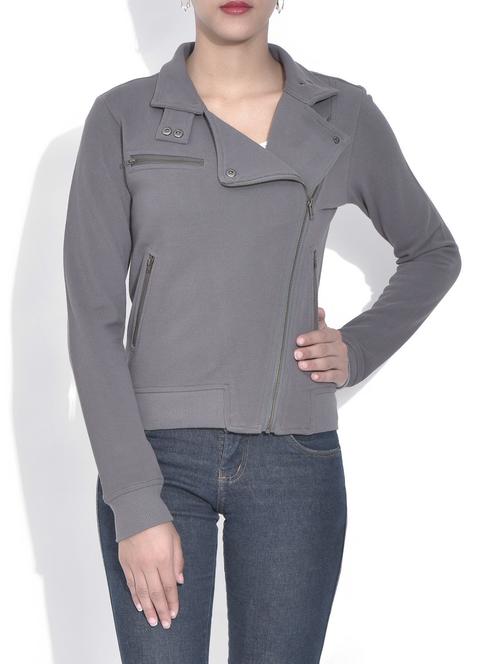 solid dark grey cotton long sleeves jacket - 9603165 - Very Small Image - 1