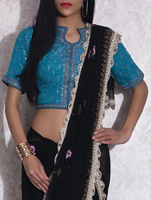 Turquoise embellished stitched poly crepe blouse - 9604869 - Very Small Image - 1
