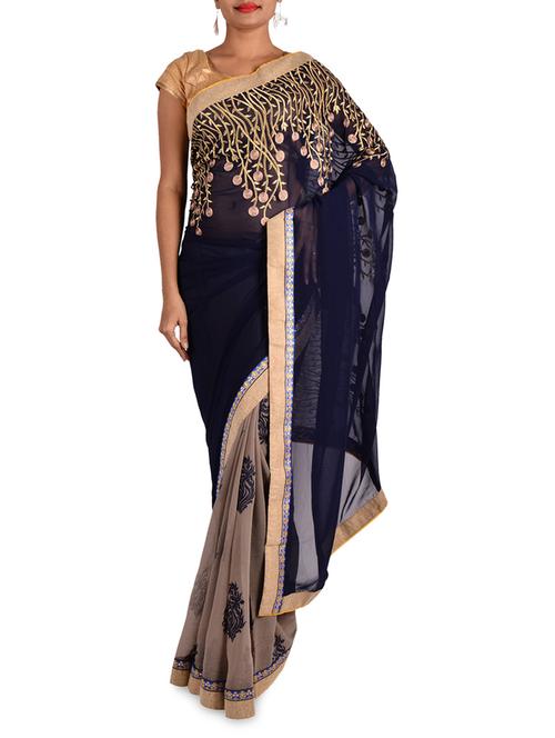 black and beige stem patterned saree - 9604882 - Very Small Image - 1