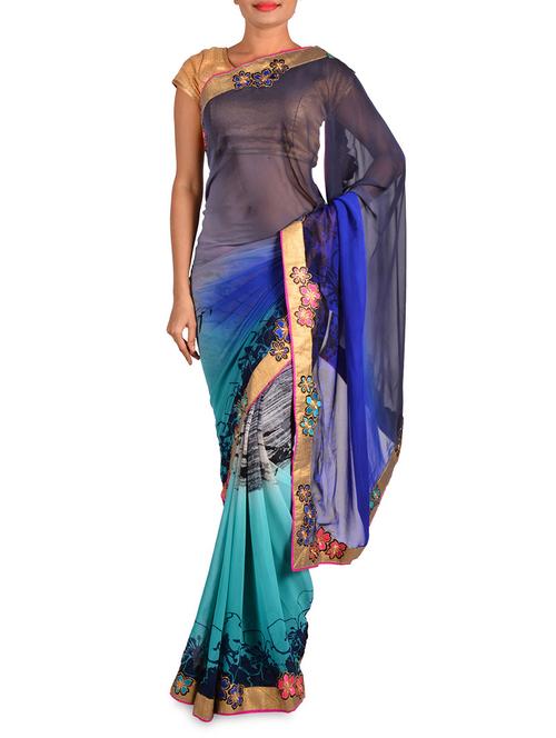 Blue and grey printed georgette saree - 9604909 - Very Small Image - 1