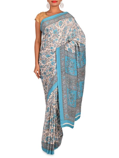 off white and blue floral printed saree - 9604942 - Very Small Image - 1