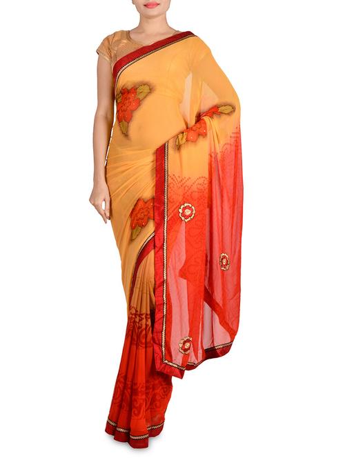 Yellow and red floral printed georgette saree - 9604946 - Very Small Image - 1