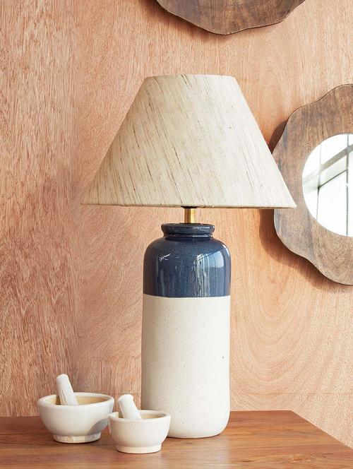 blue ceramic and cotton tall lamp - 9605068 - Very Small Image - 1