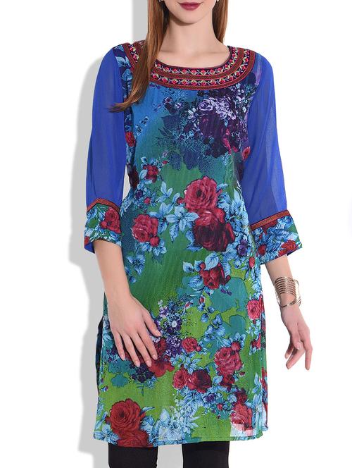 multicolored floral printed quarter sleeved kurta - 9608240 - Very Small Image - 1