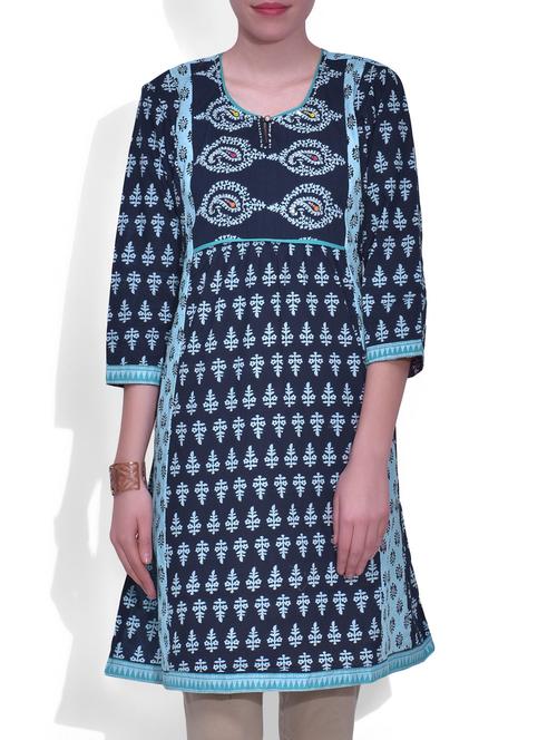 blue cotton printed kurta - 9608275 - Very Small Image - 1