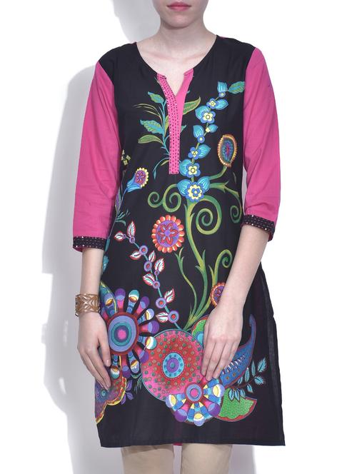 black cotton printed kurta - 9608308 - Very Small Image - 1