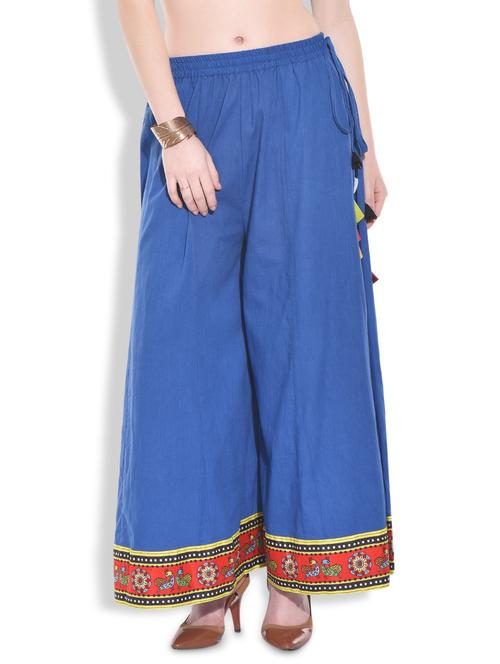 royal blue printed cotton palazzos with tassels - 9609428 - Very Small Image - 1