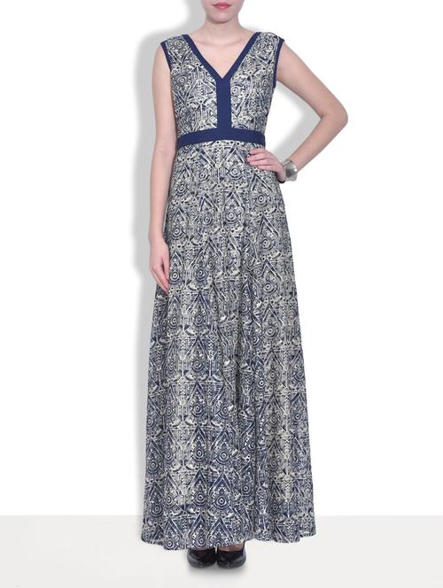 navy blue printed net and crepe maxi dress - 9611579 - Very Small Image - 1