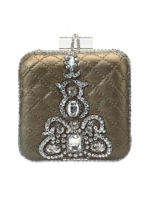 brown leather crystal embellished clutch - 9612917 - Very Small Image - 1