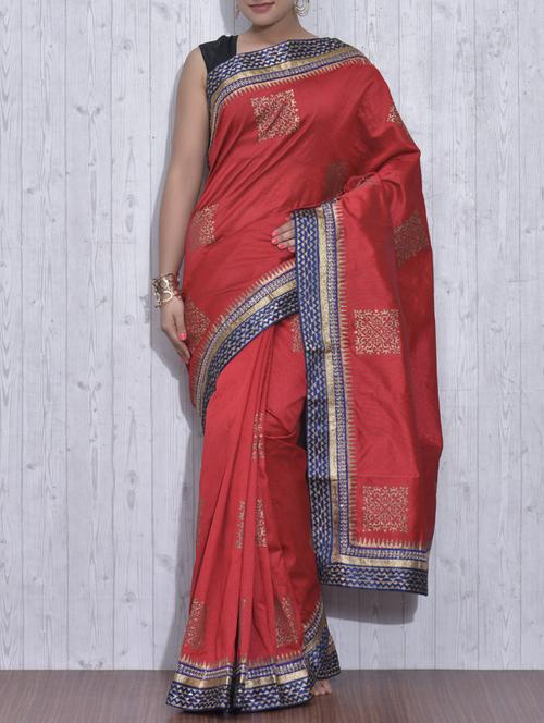 Red and Gold Poly Dupion Silk Printed Sari - 9613388 - Very Small Image - 1
